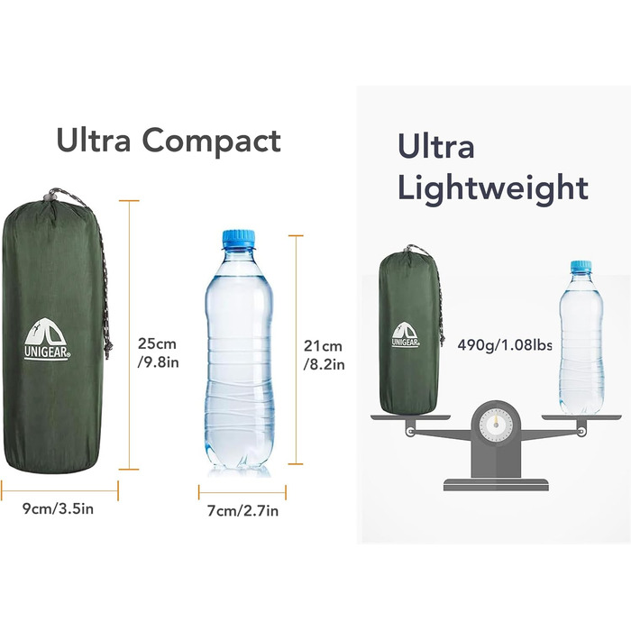 Килимок для кемпінгу Unigear 500g, Ultralight, надувний, 150x60 см, для туризму та відпочинку на природі, армійний зелений з подушкою