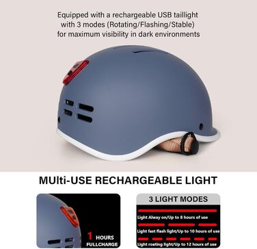 Велосипедний шолом Ckorison для дорослих з USB-підсвіткою, універсальний міський шолом для жінок і чоловіків, регульований розмір 56-61 см, підходить для самокатів і скейтборду