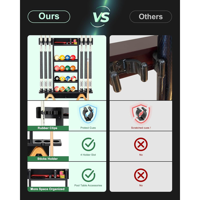 Стенд для більярду на 6 київ Regal, чорний колір, з полицею для аксесуарів, з дуба, для ігрової кімнати, клубу або чоловічої зони