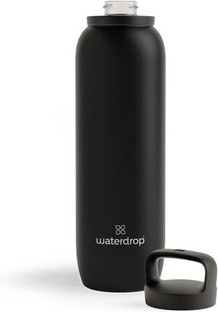 Термос-пляшка waterdrop® 1 л, ізольована нержавіюча сталь, для напоїв, 24 год холод/12 год гаряче, герметична, ударостійка, чорна матова з носиком