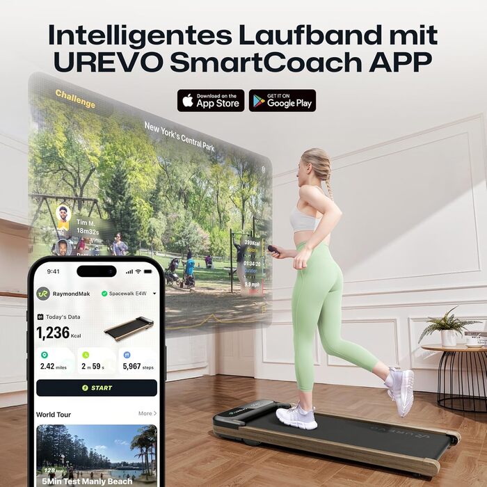Бігова доріжка UREVO Holz Walking Pad з додатком SmartCoach, підлогова портативна доріжка під стіл, дерев'яний дизайн, швидкість 1–6 км/год, з пультом дистанційного керування, для дому та офісу