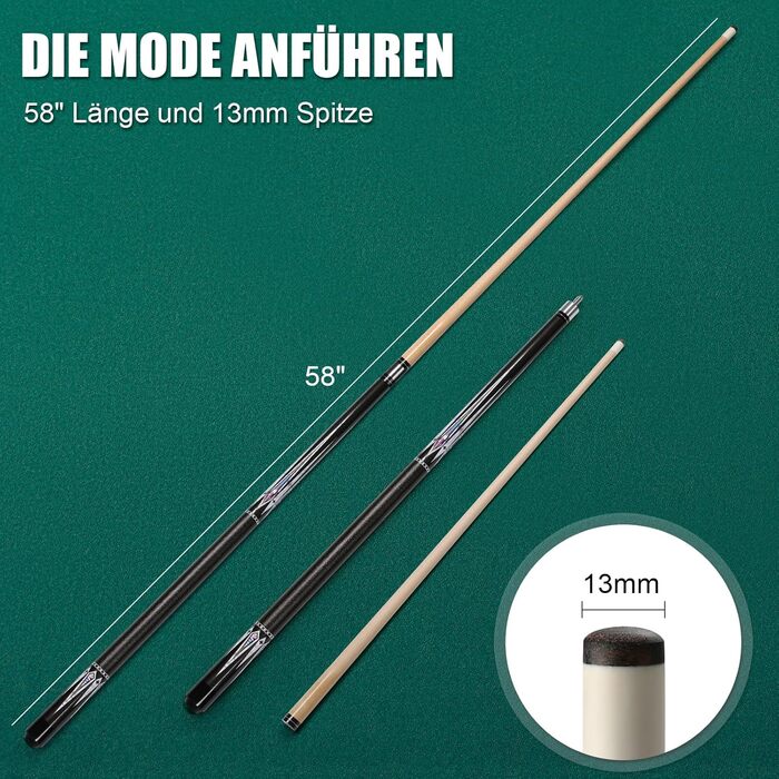 Більярдний кий Pool Queue 58 дюймів, тверде дерево, наконечники 13 мм, для професійних гравців, 1/2 кий, чорний