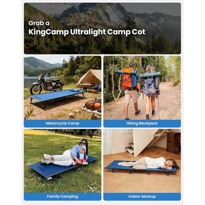 Ліжко кемпінгове KingCamp складане, ультралегке, портативне для дорослих, компактне, зручне для кемпінгу, подорожей, риболовлі, пікніків, офісу (чорно-синій)