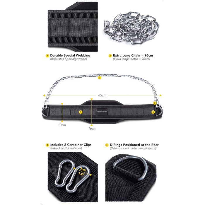 Пояс для підтягувань Fitgriff® з ланцюгом та 2 карабінами, для бодібілдингу, силових тренувань, важкої атлетики - пояс для важкої атлетики, чорний, універсальний розмір