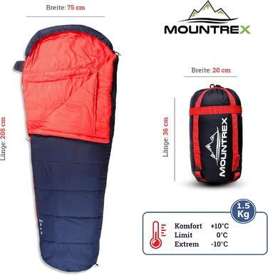 Сплячий мішок MOUNTREX® - Легкий та компактний (760г/1500г) - Outdoor літній спальний мішок (100GSM) / 3-4 сезони (300GSM) - Мумієвидний спальний мішок для кемпінгу, подорожей, фестивалів – Теплий та з'єднуваний (Темно-синій/Червоний, 3 сезони - 1500г (RV Праворуч))