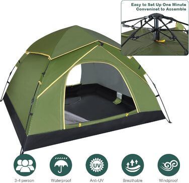 Намет для кемпінгу Jaztral 3-4 особи, автоматичний, куполоподібний, водонепроникний, вітростійкий, 3-4 сезонний, для сім'ї, трекінгу та кемпінгу, колір: зелений