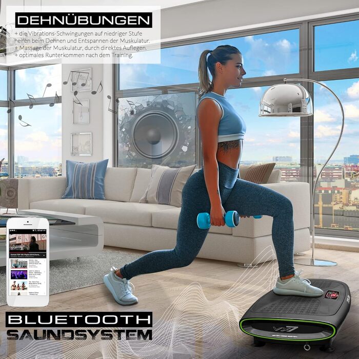 Вібраційна платформа XPLON 4D VX7 з 3 моторами, Bluetooth, LED, для тренувань, 120 рівнів, до 150 кг, з еспандерами, пультом, чорна
