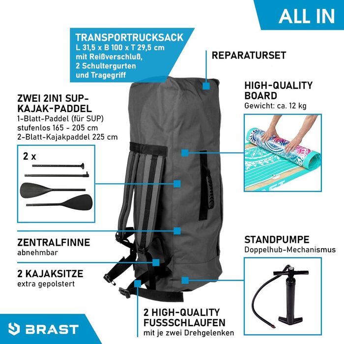 Надувний SUP Board BRASŤ Family | Комплект для сім'ї | XXL | 370x87x15 см, до 210 кг | 7 дизайнів | з аксесуарами (2 сидіння для каяка, 2 петлі для ніг, насос, рюкзак, 2 весла)