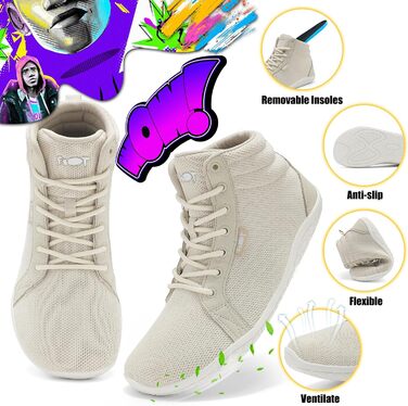 Босижні кросівки хай-топ для чоловіків та жінок. Широкі, легкі, зручні босижні кросівки для ходьби, трейлраннінгу, фітнесу. Zero Drop підошва, антиковзаюча, білі (47 EU, світло-хакі)