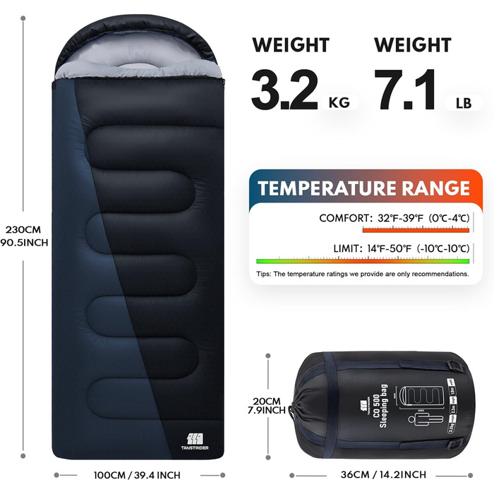 Спальний мішок XXL для дорослих, тепла погода, для кемпінгу, зимових походів, полювання та подорожей (3,2 кг, блакитний)