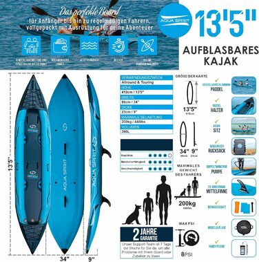 Надувна байдарка Aqua Spirit 3,5 м для 1-2 осіб, комплект із веслом, рюкзаком, насосом та аксесуарами, для дорослих, для початківців і досвідчених