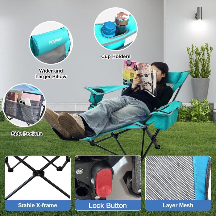 Крісло для кемпінгу Poeopore складне з підставкою для ніг, 4-х секційне, для відпочинку на пляжі та риболовлі, витримує до 120 кг, з кишенькою-холодильником, подушкою та тримачем для напоїв, блакитне