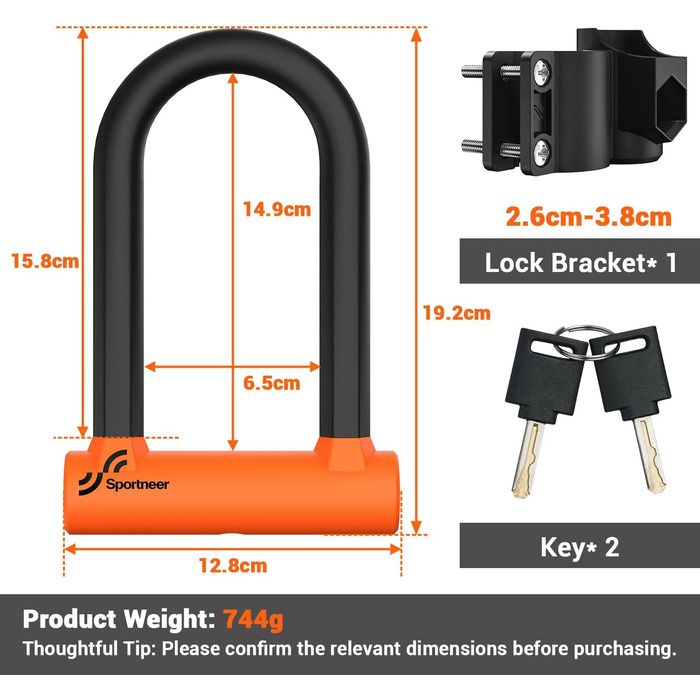 Замок для велосипеда Bügelschloss Sportneer: міцний бугель 17 мм з кабелем 1.5 м для шосе, MTB, електровелосипеда, складаного велосипеда. 19 x 13 см, помаранчевий