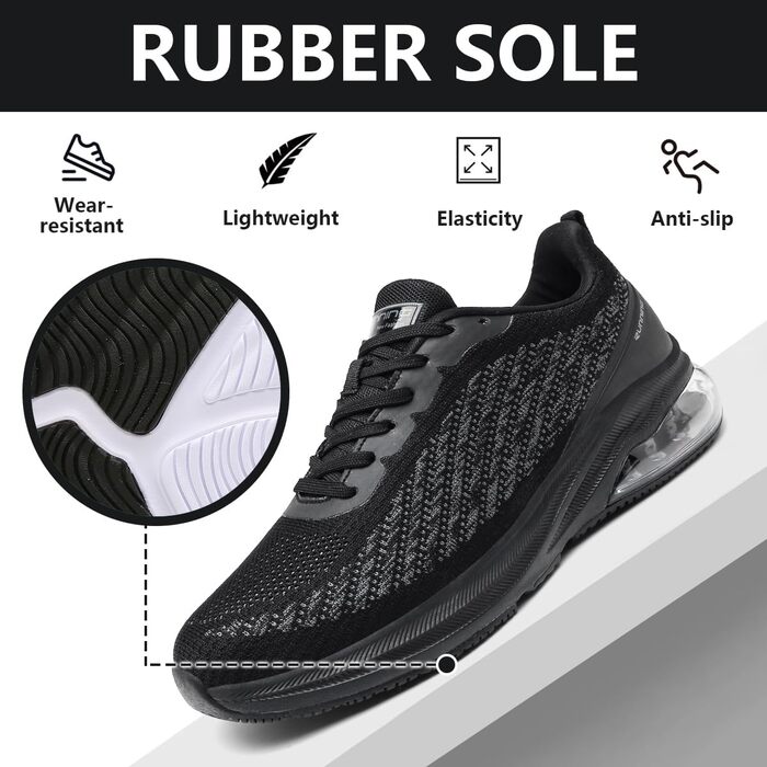 Кросівки для чоловіків та жінок: спортивні, легкі, з повітряною подушкою, для бігу та фітнесу, дихаючі, розмір 36-47 EU (37 EU, чорний)
