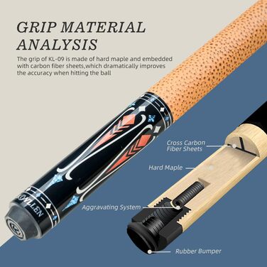 KONLLEN Billardqueue з карбону, 58 дюймів, професійний бик для дорослих, технологія Vollcarbon, низький коефіцієнт відхилення, бик для більярду з наконечником 12,5 мм (Pro Taper, ультрагладкий) KL-09