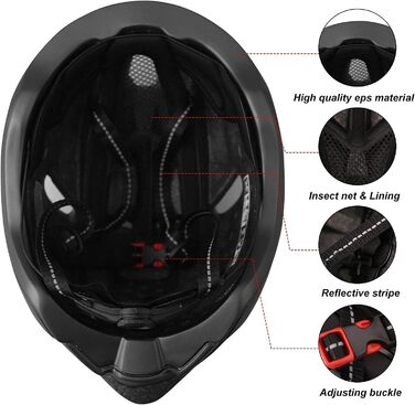 Велошолом Shinmax з ліхтарем USB, знімним візором, магнітний, легкий, для міста та MTB, регульований 57-62 см, чорний, для чоловіків і жінок
