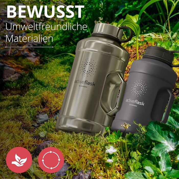 BeMaxx спортивна пляшка з нержавіючої сталі 2,2 л з трубочкою, 3 кришки, BPA-free, герметична, для газованої води, XL фітнес пляшка Solid Black