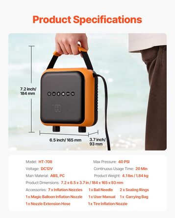 Електрична SUP-насос VEVOR з USB-виходом, 2-ступенева автоматична насос для надувних SUP, наметів, 40 PSI, 12V DC, LED-підсвічування