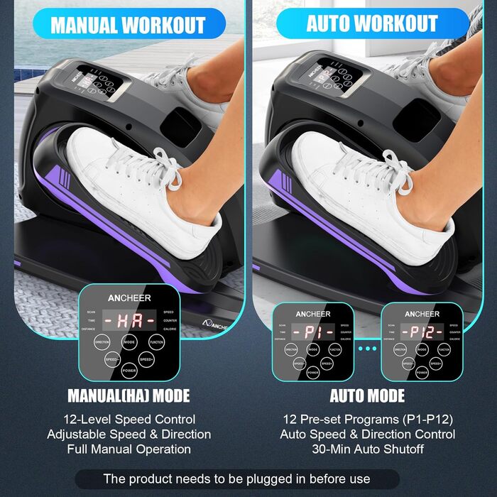 ANCHEER Міні-еліптичний тренажер під стіл - тихий педальний тренажер для літніх людей, офісу та дому, м'яке тренування ніг сидячи, інтелектуальний LCD-дисплей, пульт дистанційного керування (фіолетовий)