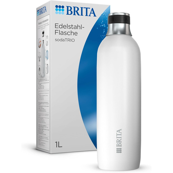 BRITA преміум термос-бутилка з нержавіючої сталі, біла, 1 л, ізольована, подвійні стінки, силіконове кільце для sodaTRIO, нековзка, велика