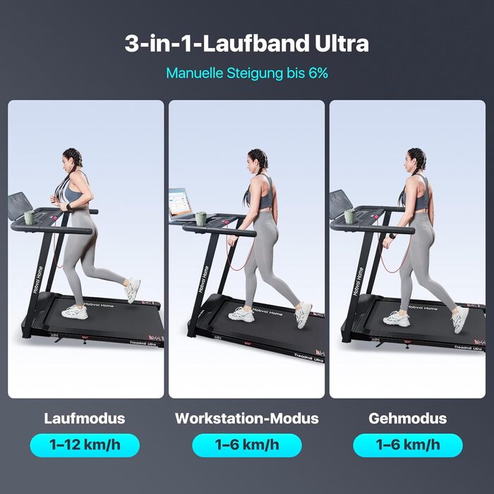 Біговий тренажер Mobvoi Home Laufband Ultra 3-в-1 з підставкою для телефону, ноутбука та чашки. LED-дисплей, швидкість до 12 км/год, навантаження до 120 кг, кут нахилу 6%