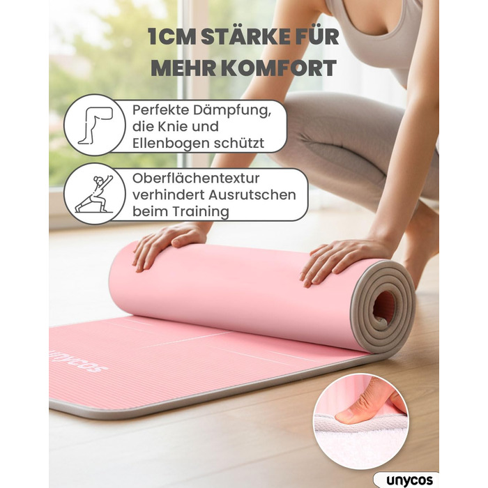 Килимок для йоги Unycos з нековзким покриттям | Щільність 6/10/15 мм, для гімнастики, з ременем для перенесення【вкл. E-Book】Фітнес-килимок для пілатесу, тренувань, гімнастики (#19 Рожевий + Сірий, 183*66*1 см)