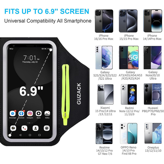 Спортивний браслет для телефону Universal, Тримач для телефону для бігу з навушниками та кишенею. Підходить для iPhone 16 Pro Max/15 Pro/14 Pro/13/12/11. Кишеня для телефону для бігу та тренувань. До 6.9 дюймів (A - Зелений замок)