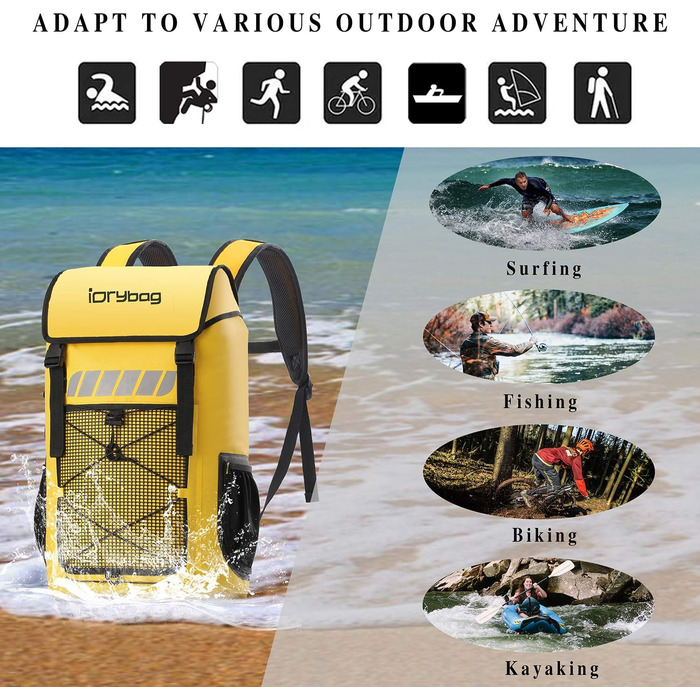 Водонепроникний рюкзак IDRYBAG для чоловіків 45L, 25L, для каякінгу та піших прогулянок, жовтий