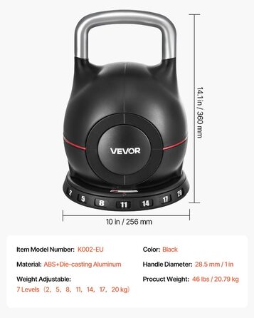 Куркова гантель VEVOR, регульована, 7 рівнів ваги, алюмінієвий корпус, ABS, для силових вправ, тренування всього тіла та кросфіт, 20 кг