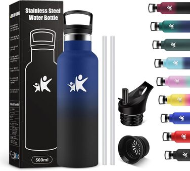 Термос-пляшка KollyKolla 750 мл, для води та газованих напоїв, з трубочкою, без BPA, з подвійними стінками, ізольована, для школи, подорожей, кемпінгу, блакитний + темно-синій