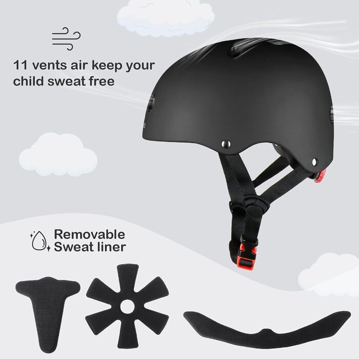 Дитячий шолом KAMUGO для велосипеда та самоката, 2-8 років, з захистом колін, ліктів та зап'ясть (Чорний матовий)