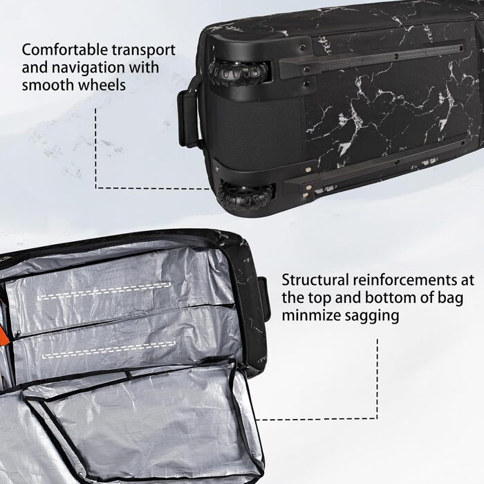 Чохол для сноуборду з роликами, захищений, для подорожей літаком, 600D водонепроникний матеріал, складаний, вміщує 2 пари лиж (175 см, чорно-білий)