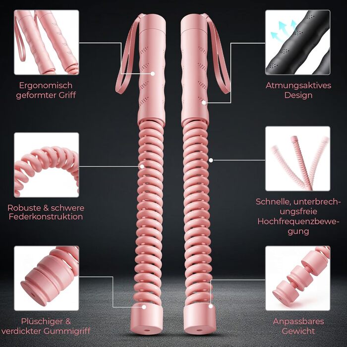 Битва-мотузка без мотузки для домашніх тренувань, ропелесс бітва-мотузки з 4 x 50 г вагами та сумкою для зберігання, важені ропелесс бітва-мотузки для HIIT, силових та кардіо тренувань, рожевий