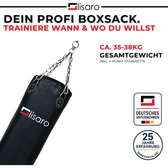 Боксерський мішок Lisaro Profi Boxsack (120x35 см), наповнений, для боксу, кікбоксингу та MMA, штучна шкіра (вініл), з 4-точковим сталевим ланцюгом, чорний