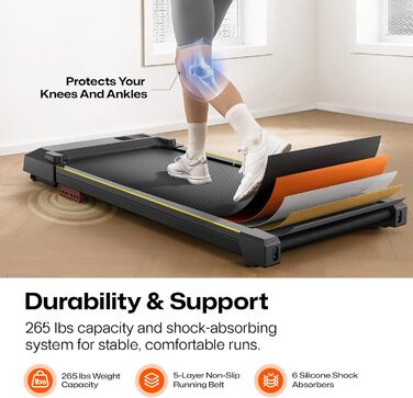 UREVO Smart Walking Pad - компактний тихий біговий столик з амортизацією, додаток для фітнесу, до 136 кг, для дому/офісу, чорний