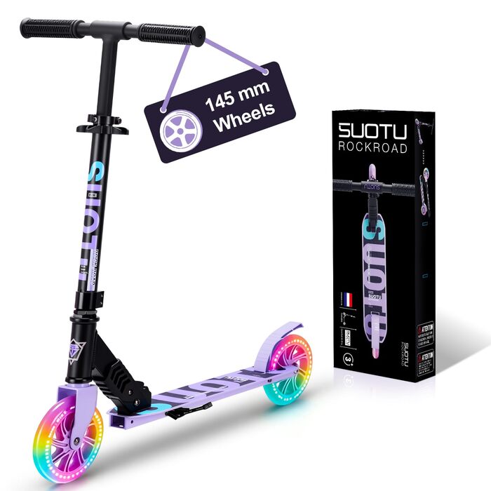Самокат дитячий SUOTU з колесами 145 мм, до 100 кг, світлодіоди, складаний, регульована висота, алюмінієвий (Чорно-фіолетовий) для хлопчиків та дівчаток 3-12 років