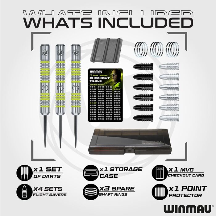 WINMAU Michael Van Gerwen (MvG) подарунковий набір для дартсу, 50 предметів, сталевий наконечник, 4 комплекти стрижнів, 4 комплекти оперень та аксесуари