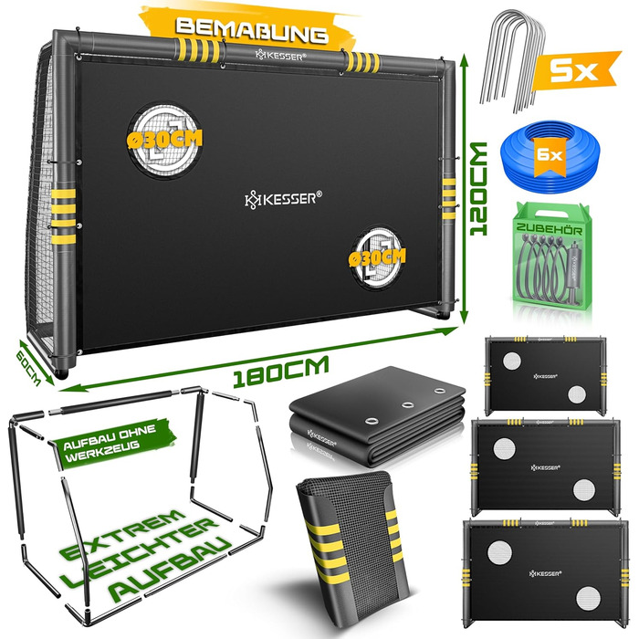 Ворота для футболу KESSER® для саду: міцні, для тренувань, з UV-стійкою сіткою, сталевий каркас з підкладкою, земляні анкери, повітряний насос, фішки, монтажні аксесуари для дітей та дорослих 180 см - з ворітною рамою антрацитового кольору