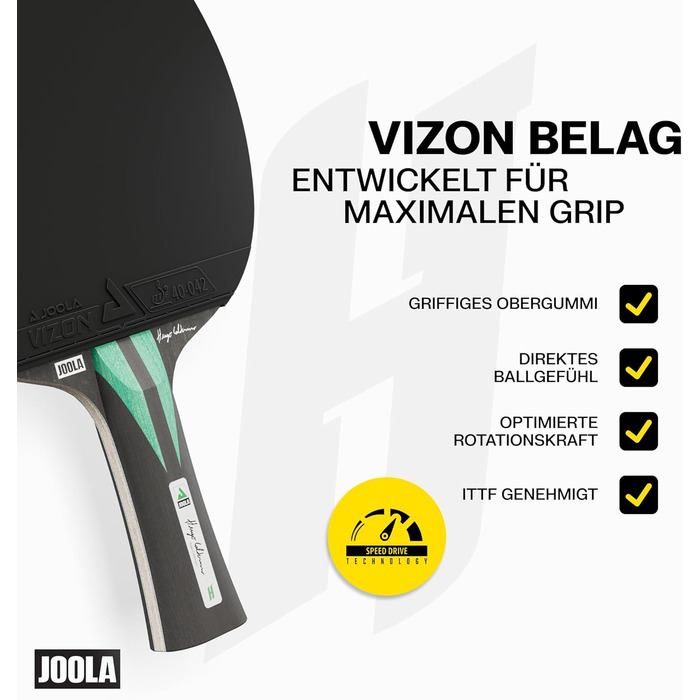 Ракетка для настільного тенісу JOOLA Hugo Calderano Carbon з м'ячами та чохлом, ITTF, чорно-зелена