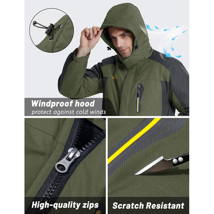 TACVASEN чоловіча тепла зимова куртка, водонепроникна функціональна куртка з капюшоном та довгими рукавами, армійного кольору