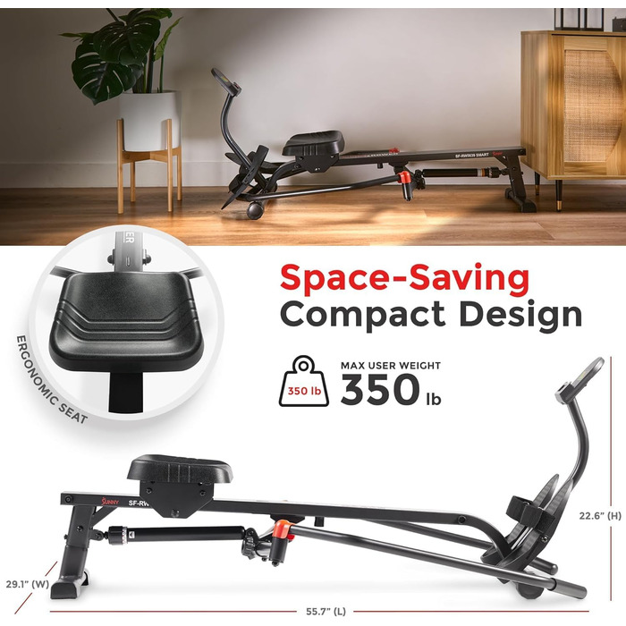 Інтелектуальний компактний гребний тренажер Sunny Health & Fitness SF-RW5639SMART, повний тренаж для всього тіла, м’який рух, подовжена напрямна, вантажопідйомність 159 кг