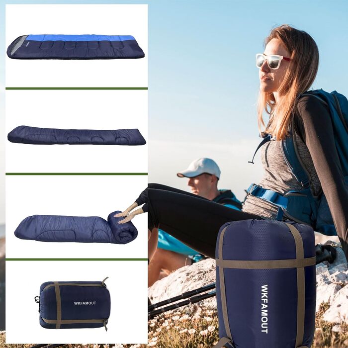 Спальний мішок Outdoor для дорослих, машинного прання, зимовий, водонепроникний, 3-4 сезони, з компресійним мішком. Температура комфорту: 0°C, 5°C. Розмір: 220x85 см. Чорний/Синій.