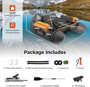 Надувне човен FANTASK для риболовлі з насосом, веслами та ременями, bellyboat, 150 кг, сірий