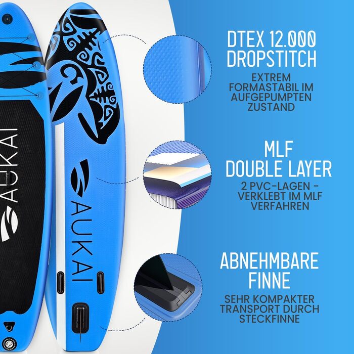 Надувний SUP Board AUKAI PRO 320см | 2-в-1 з каяком (сидіння в комплекті) | 5 років гарантія | Комплект: сидіння, кріплення для Action-Cam, фіксатор для ноги, насос, рюкзак | Колір: Ocean-Türkis