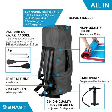 Надувна SUP-дошка BRAST Family 370x87x15 см, комплект XXL до 210 кг, з аксесуарами, 2 сидіння для каяка, 2 весла, насос, рюкзак