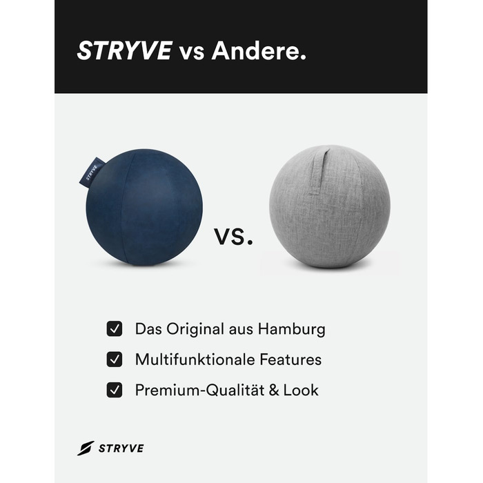 STRYVE Фітбол для офісу 65-70 см - ергономічний фітнес-м'яч знімний чохол, захист від скочування, повітряний насос, до 150 кг, синій штучна шкіра