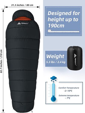 Сплячий мішок Forceatt Winter -7°C до 20°C, 2.4 кг, 210x80 см, чорний. Легкий, водонепроникний, для кемпінгу, подорожей та походів. 4-сезонний спальний мішок.