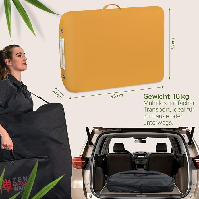 Zen Mobile Масажний стіл: компактний, складний, регульований. З кутовими закругленнями, підголівником, підлокітниками та кишенею (Сафранове жовте)
