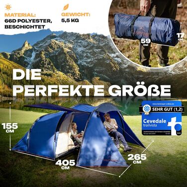 Намет Trailvista® Cevedale Zelt для 4 осіб: водонепроникний, легкий, швидко встановлюється, з тамбуром. Сімейний тунельний намет для кемпінгу, блакитний