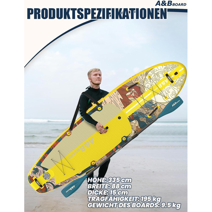 SUP дошка ABBOARD надувна 335 см, жовта - для 2 осіб, вантажопідйомність 200 кг, преміум комплект аксесуарів для початківців та сімейного відпочинку
